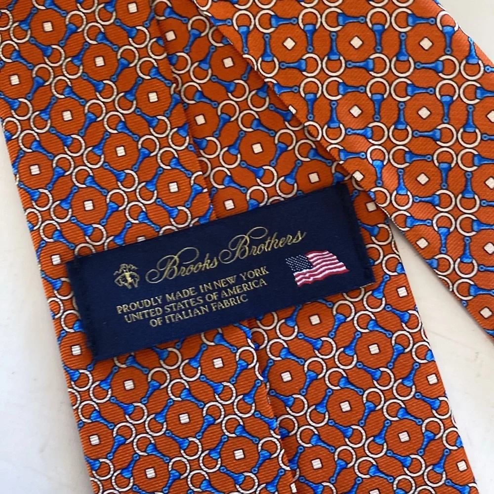 Brooks Brothers 100% Silk Orange, Blue and Gold Necktie. Made in New York